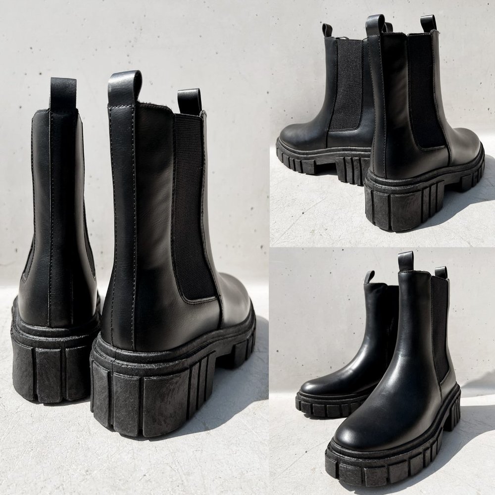 NEW Black Lug Sole Chunky Platform Elastic Ankle Block Heel Chelsea Boot Booties - Picture 5 of 12